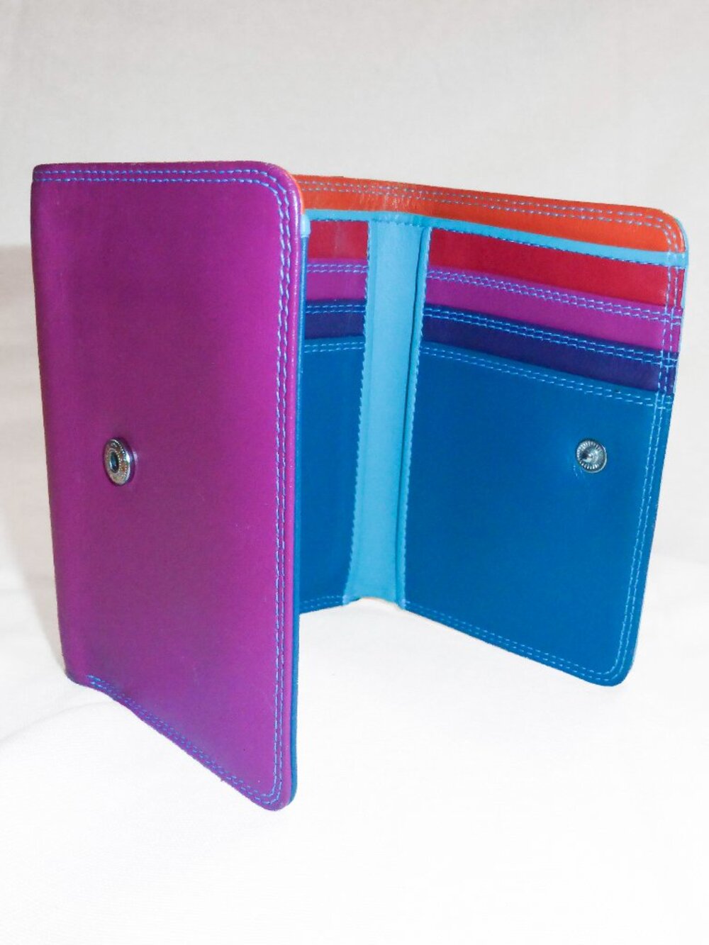 mywalit Women's Colorblock Tri Fold Blue Teal Magenta Orange leather Italy